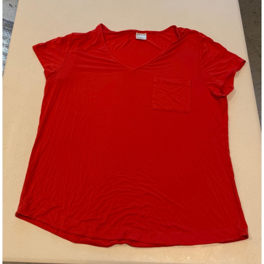 Soma Womens Red V-Neck Short Sleeve Pocket Tee Shirt Size L 570295150